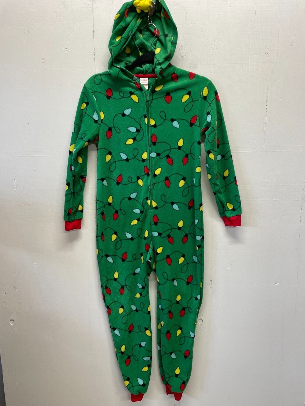 Cat & Jack Youth Size 10 Fleece Christmas Light Bulbs Pattern With Hood Pajamas